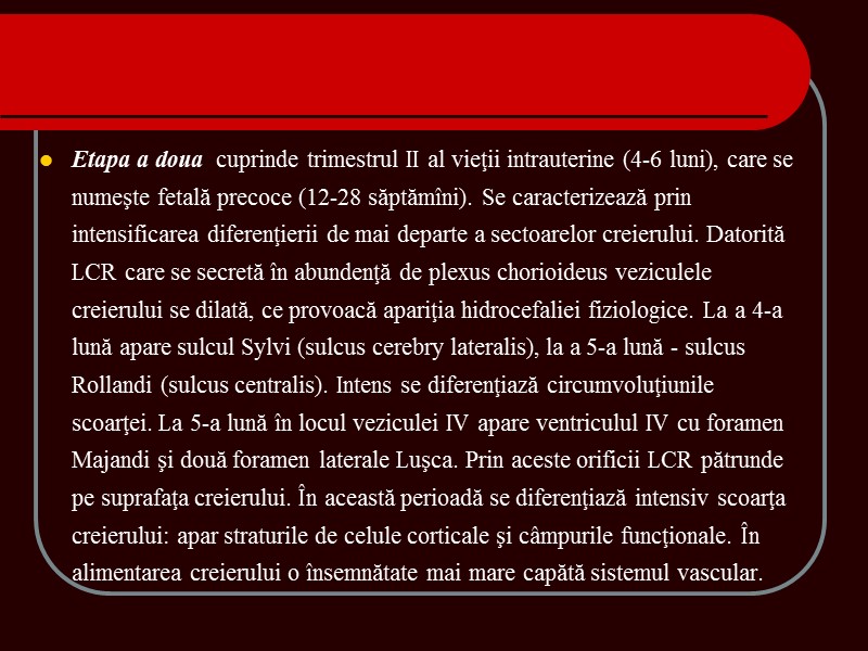 Etapa a doua cuprinde trimestrul II al vieţii intrauterine (4-6 luni), care se Etapa a doua cuprinde trimestrul II al vieţii intrauterine (4-6 luni), care se